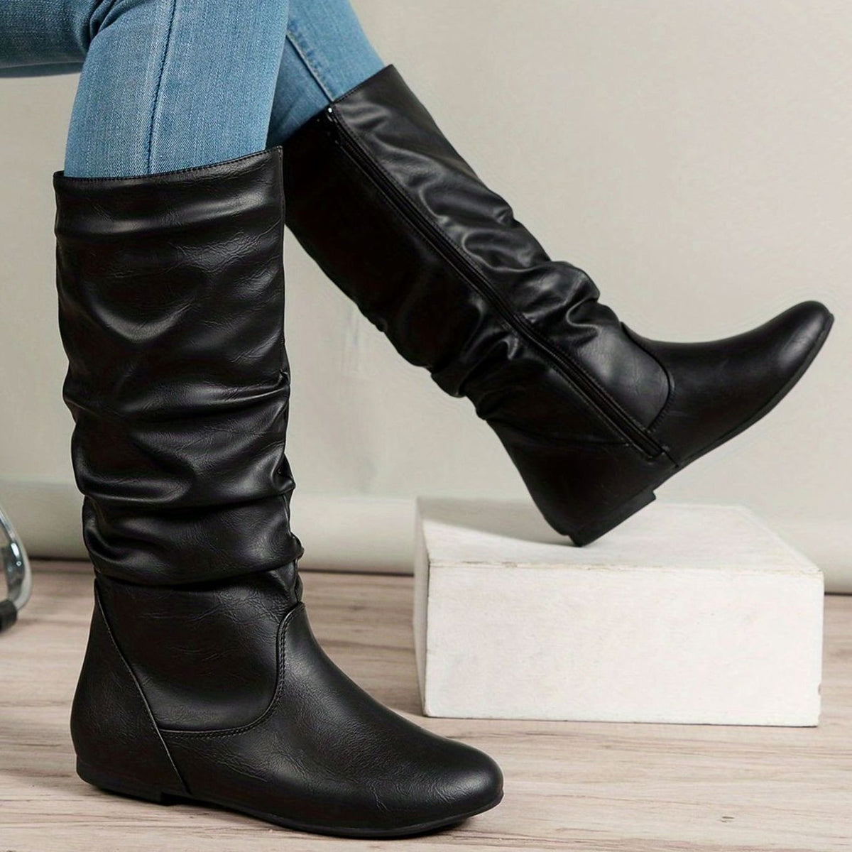 Women's Slouched Flat Mid-Calf Boots Side-Zip
