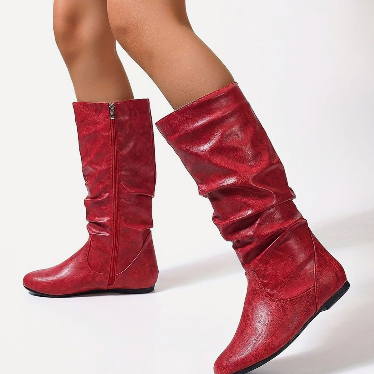Women's Slouched Flat Mid-Calf Boots Side-Zip