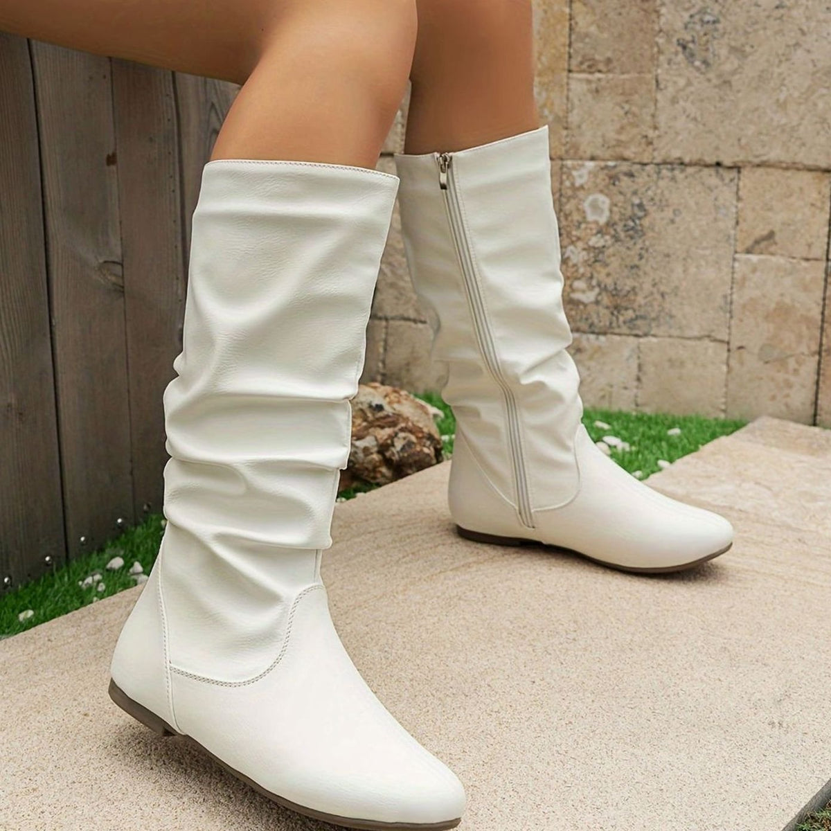 Women's Slouched Flat Mid-Calf Boots Side-Zip