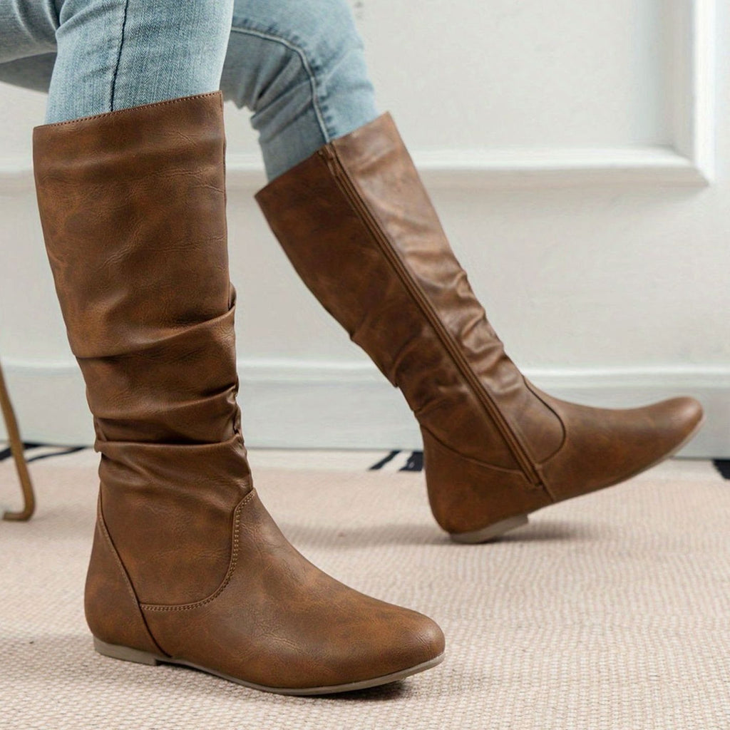 Women's Slouched Flat Mid-Calf Boots Side-Zip - Light Brown