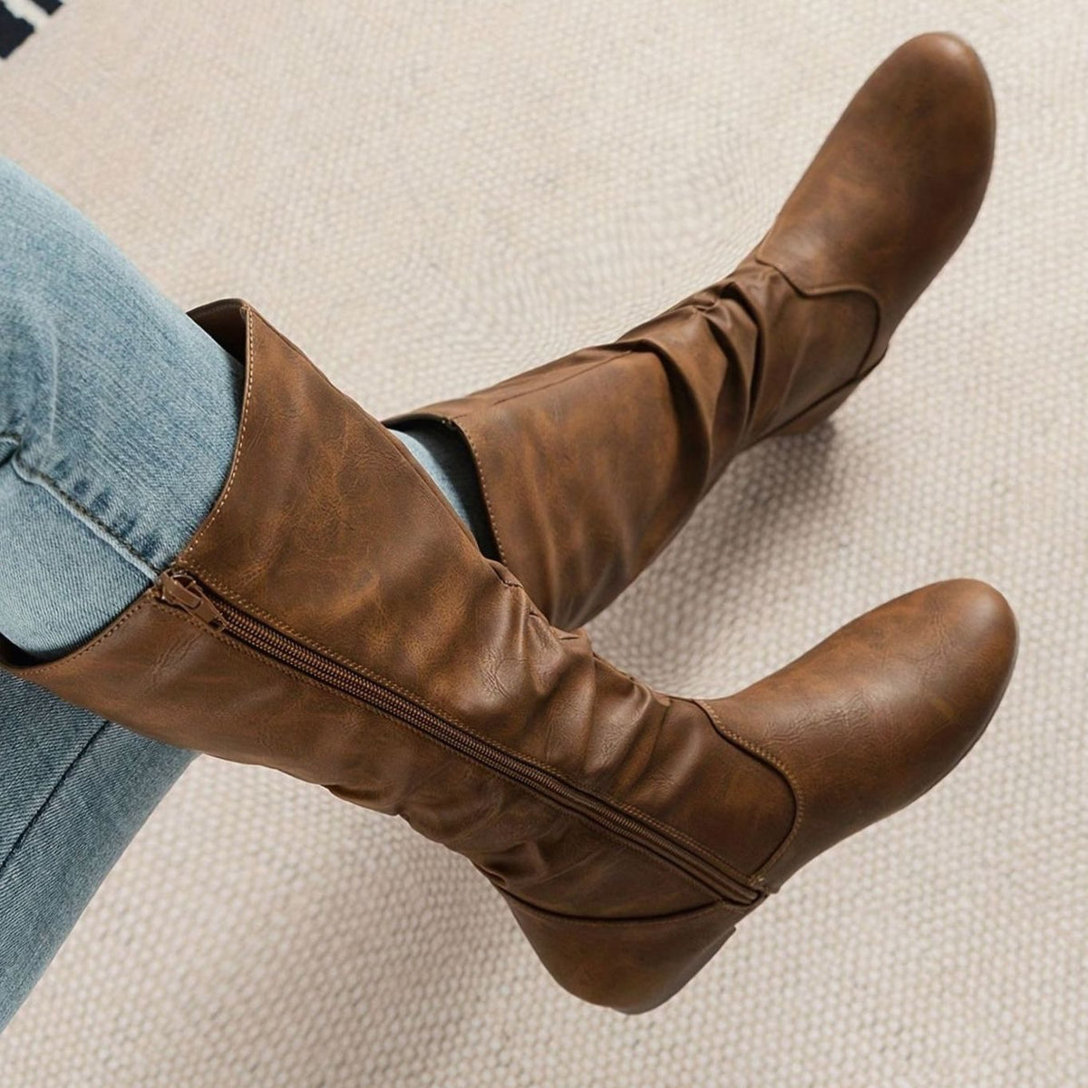 Women's Slouched Flat Mid-Calf Boots Side-Zip