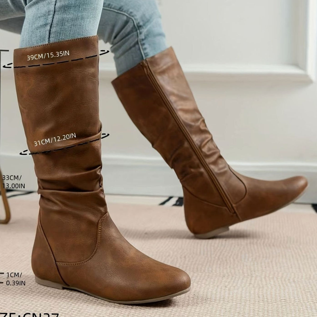 Women's Slouched Flat Mid-Calf Boots Side-Zip