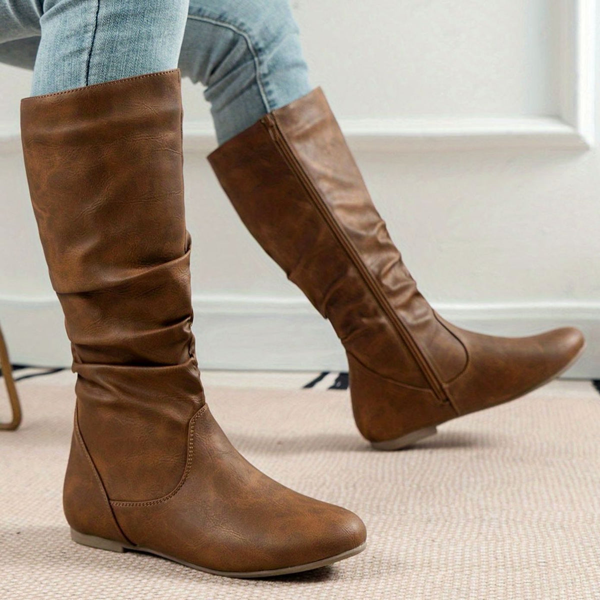 Women's Slouched Flat Mid-Calf Boots Side-Zip