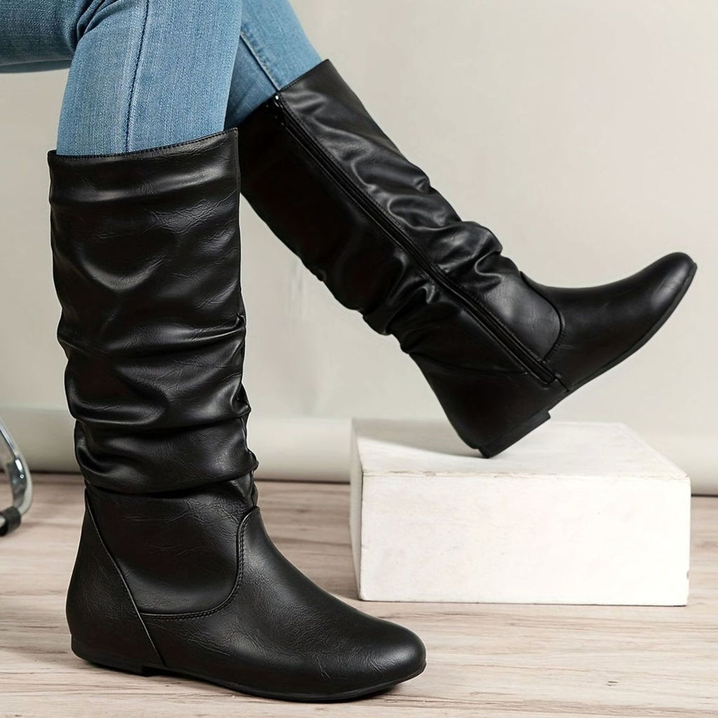 Women's Slouched Flat Mid-Calf Boots Side-Zip