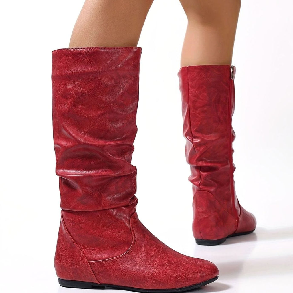 Women's Slouched Flat Mid-Calf Boots Side-Zip