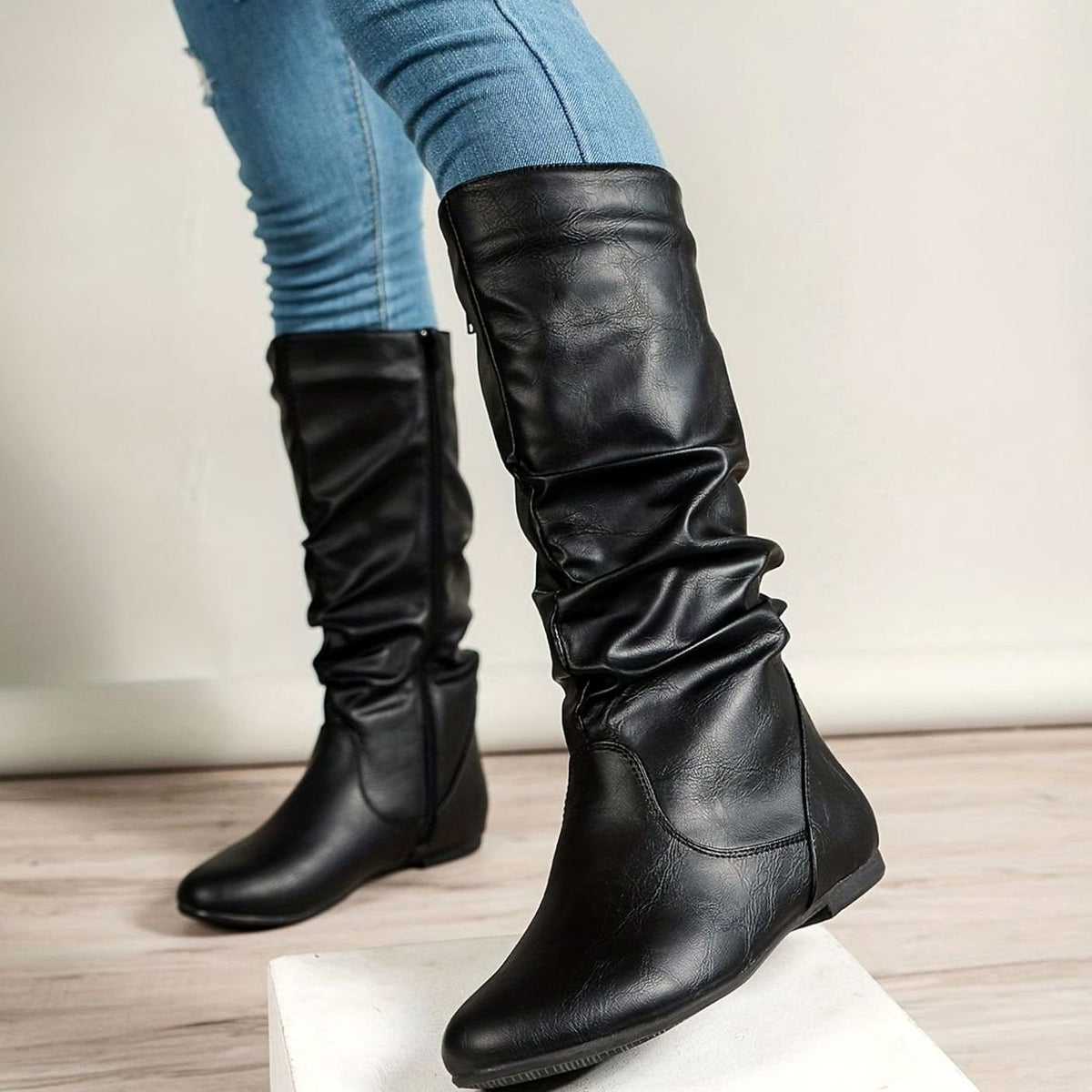 Women's Slouched Flat Mid-Calf Boots Side-Zip