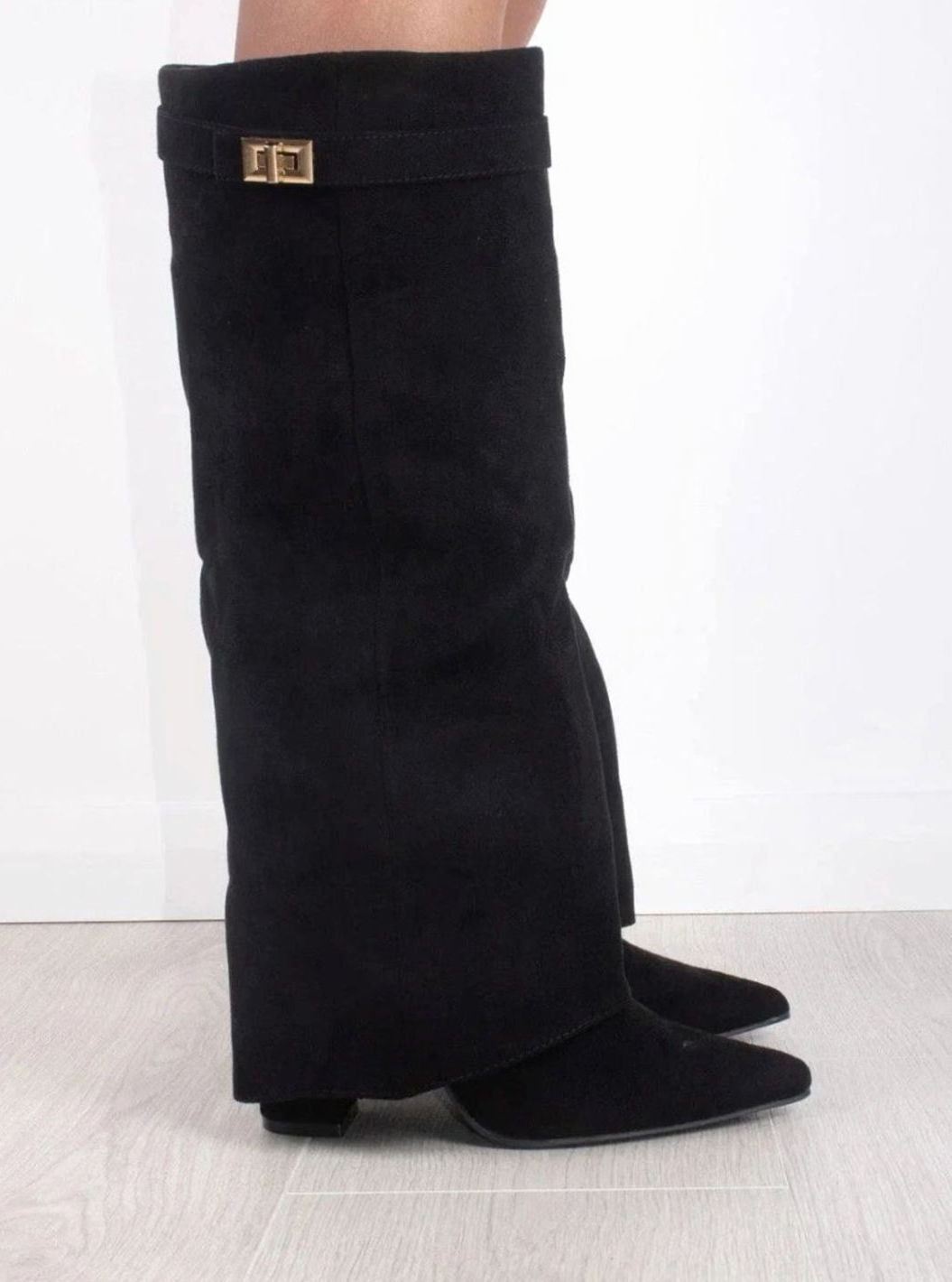 Women's Slouchy Gold-Buckle Knee-High Heel Boots