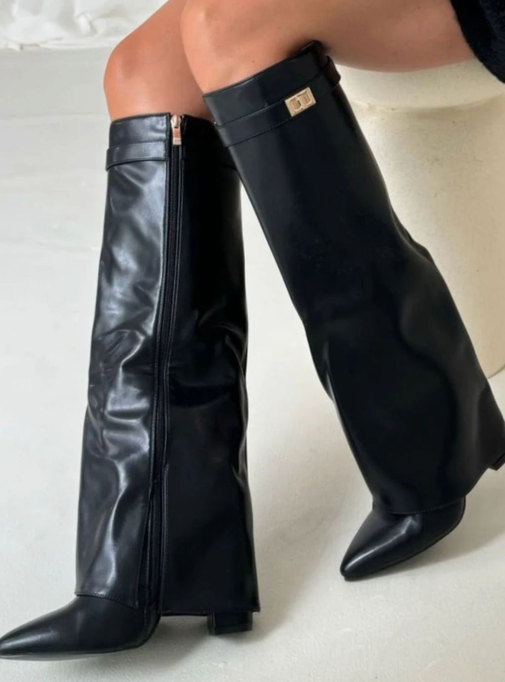 Women's Slouchy Gold-Buckle Knee-High Heel Boots