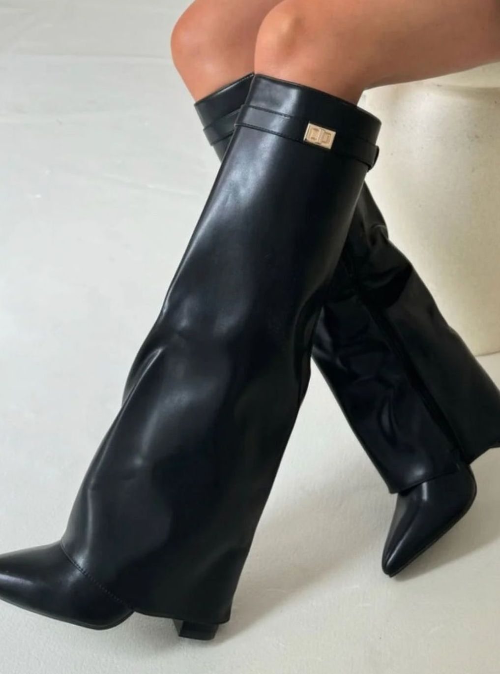 Women's Slouchy Gold-Buckle Knee-High Heel Boots - Black Leather