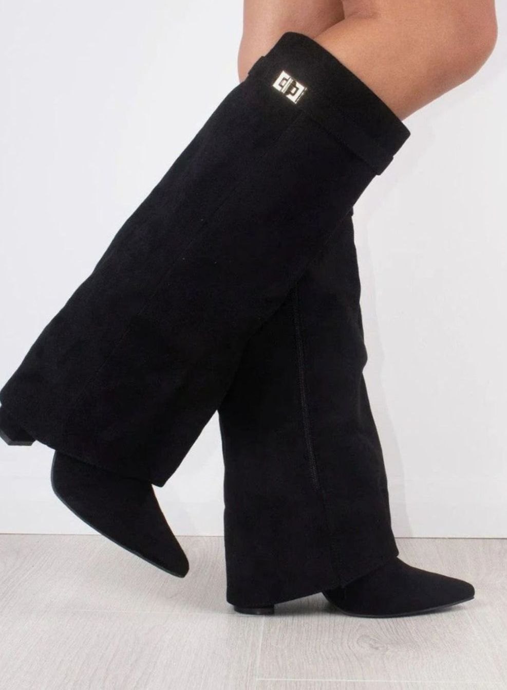 Women's Slouchy Gold-Buckle Knee-High Heel Boots - Black Suede