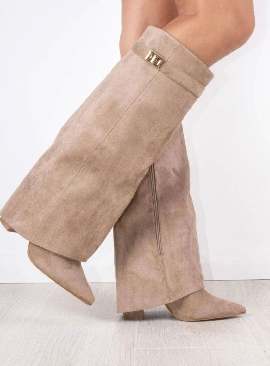 Women's Slouchy Gold-Buckle Knee-High Heel Boots - Beige Suede