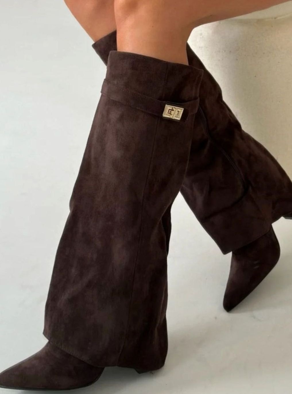 Women's Slouchy Gold-Buckle Knee-High Heel Boots