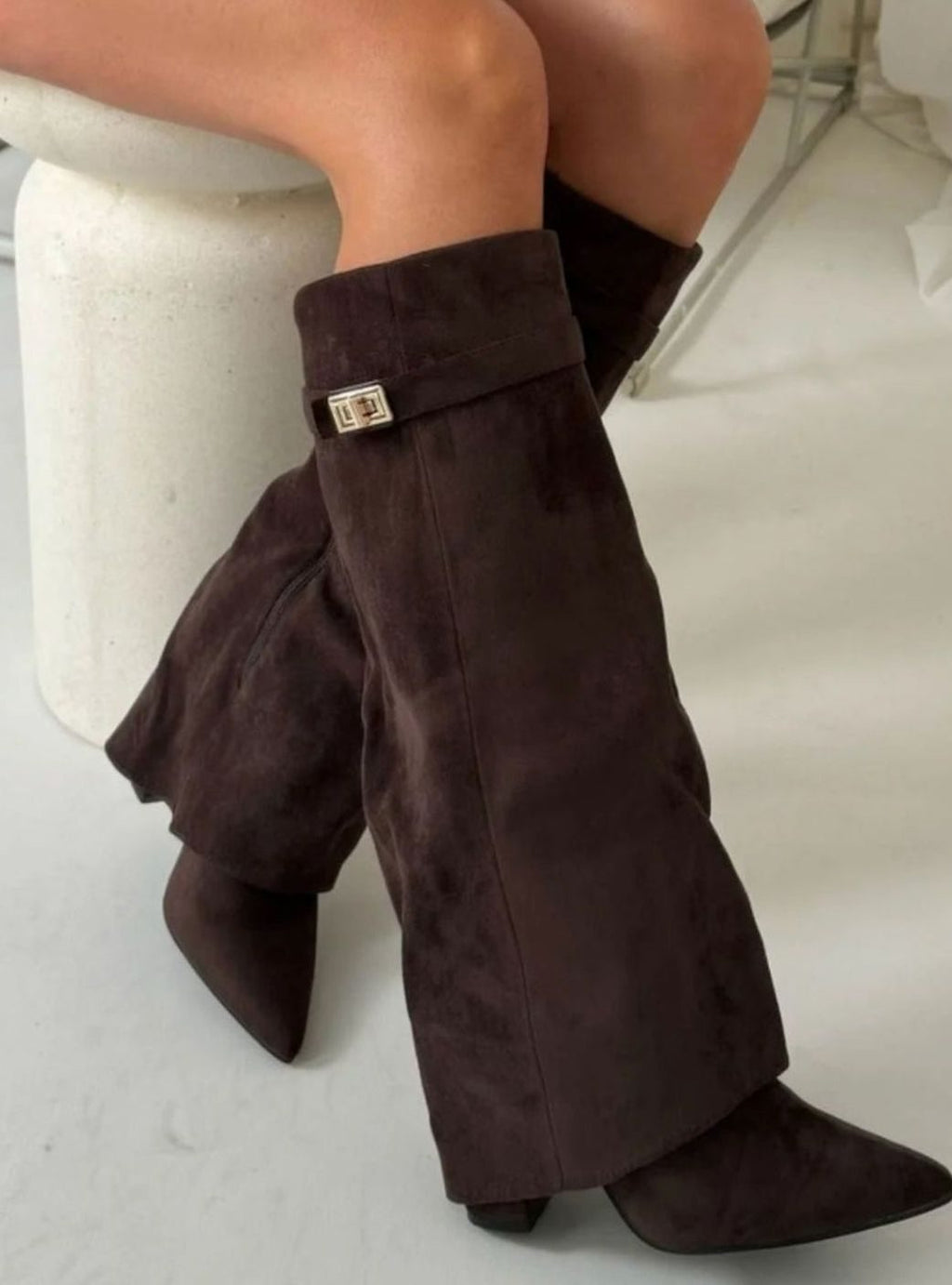 Women's Slouchy Gold-Buckle Knee-High Heel Boots - Brown Suede