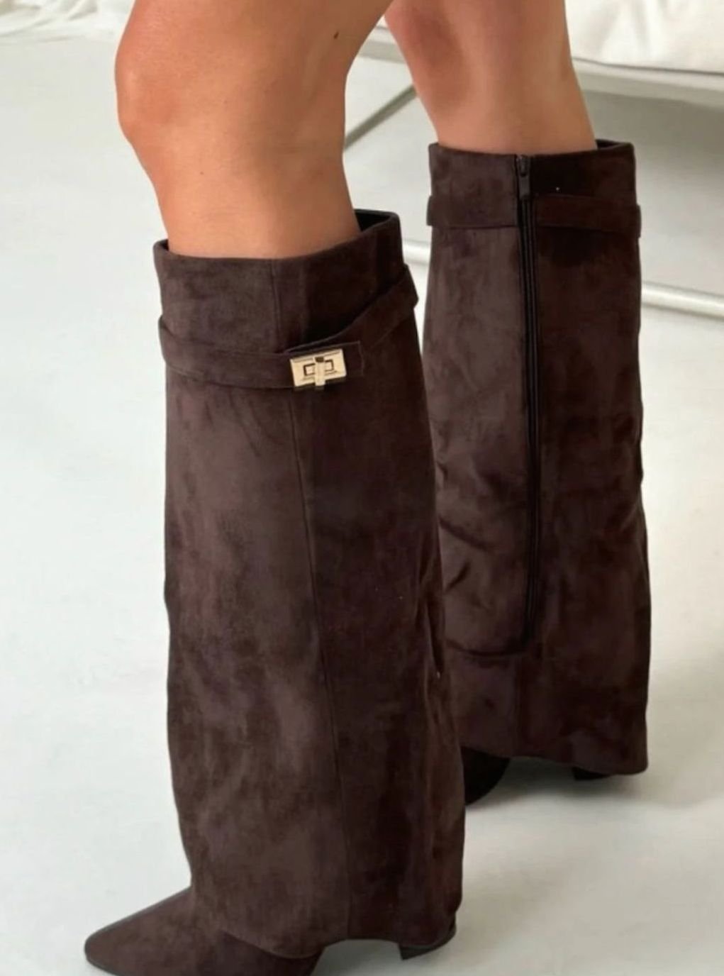 Women's Slouchy Gold-Buckle Knee-High Heel Boots