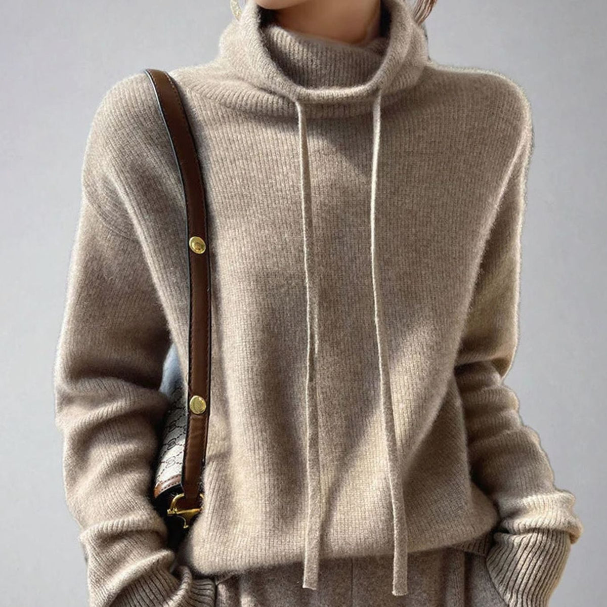 Women's Slouchy Turtleneck Drawstring Pullover Sweater - Khaki