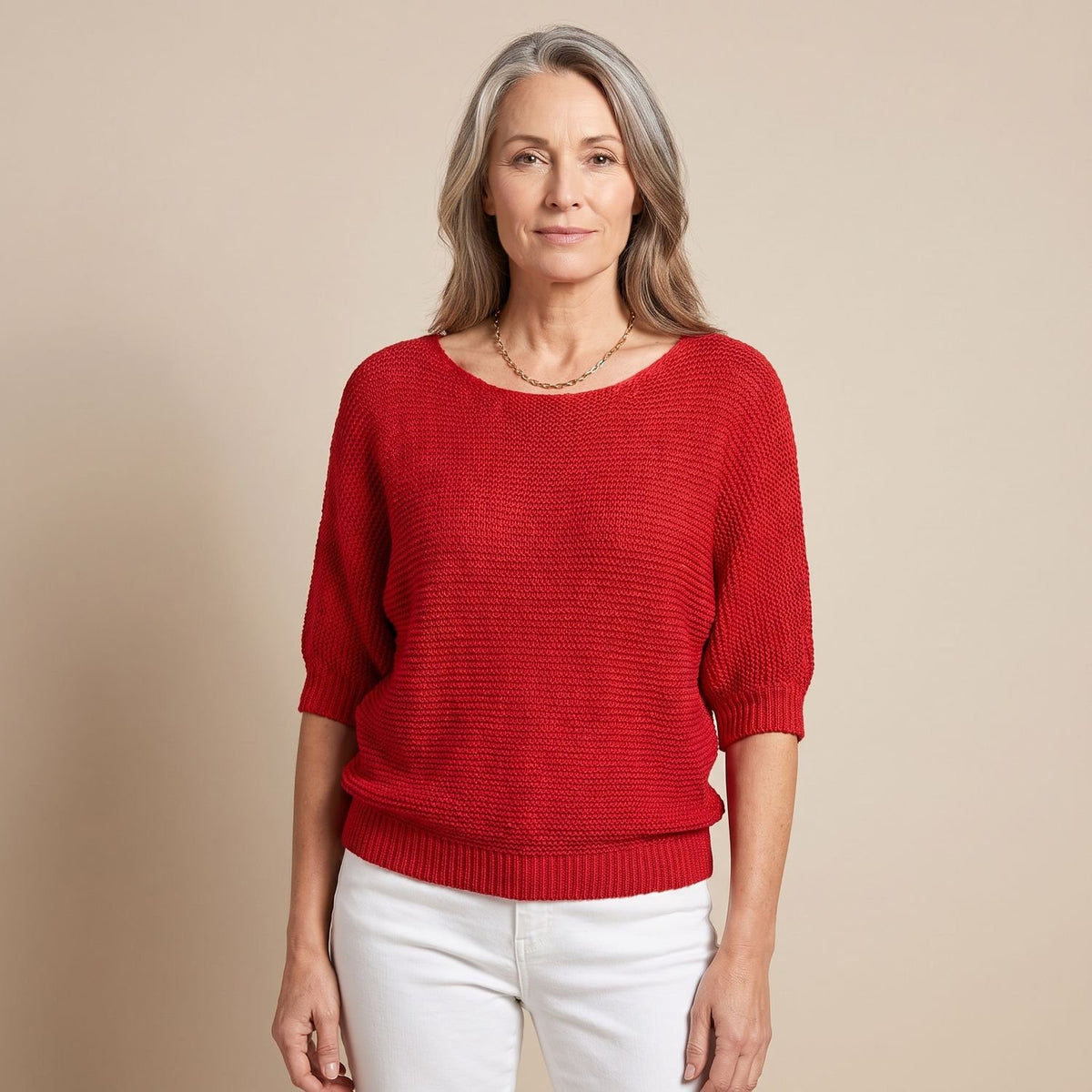 Women's Soft Knit Batwing-Sleeve Round-Neck Pullover Sweater - Red