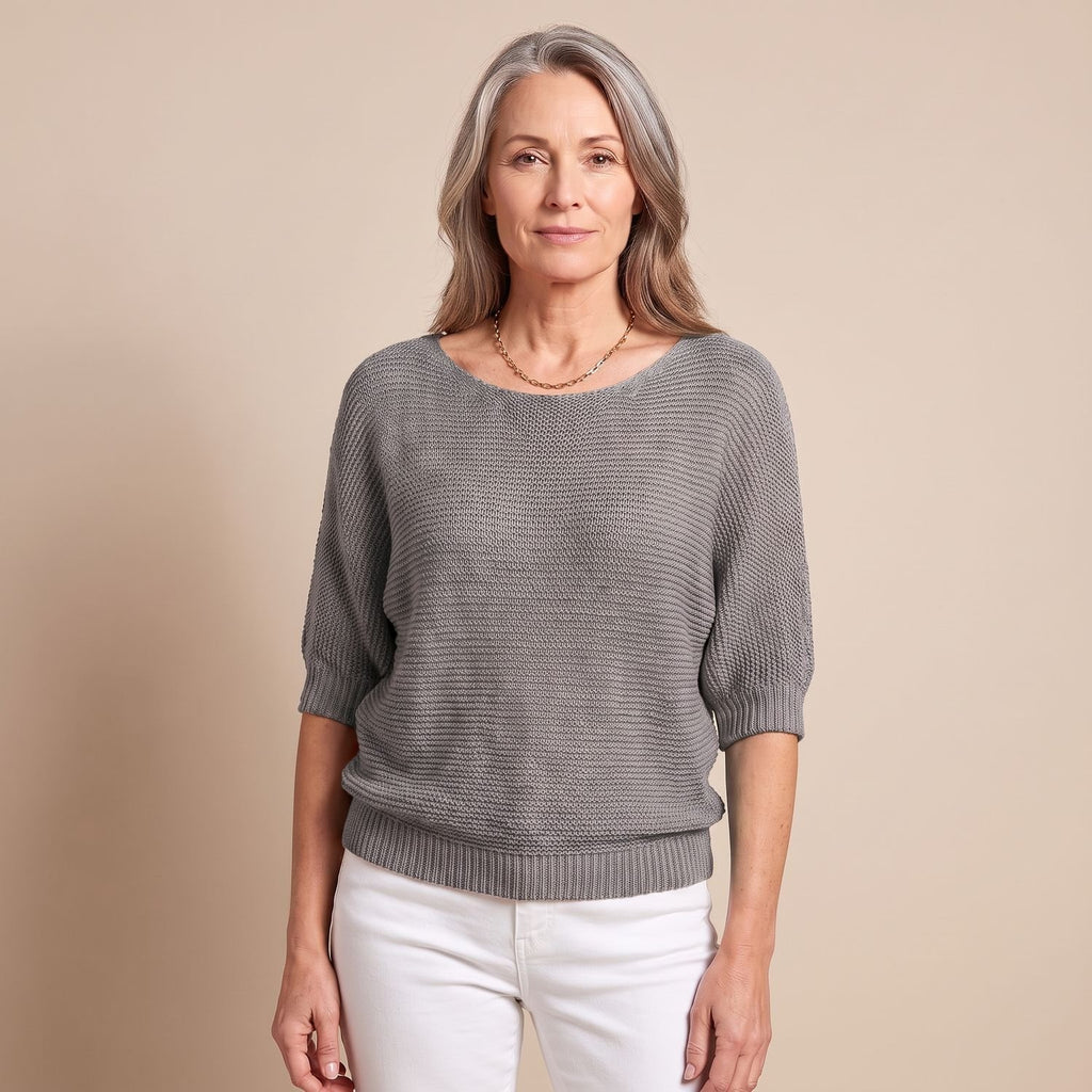 Women's Soft Knit Batwing-Sleeve Round-Neck Pullover Sweater - Gray