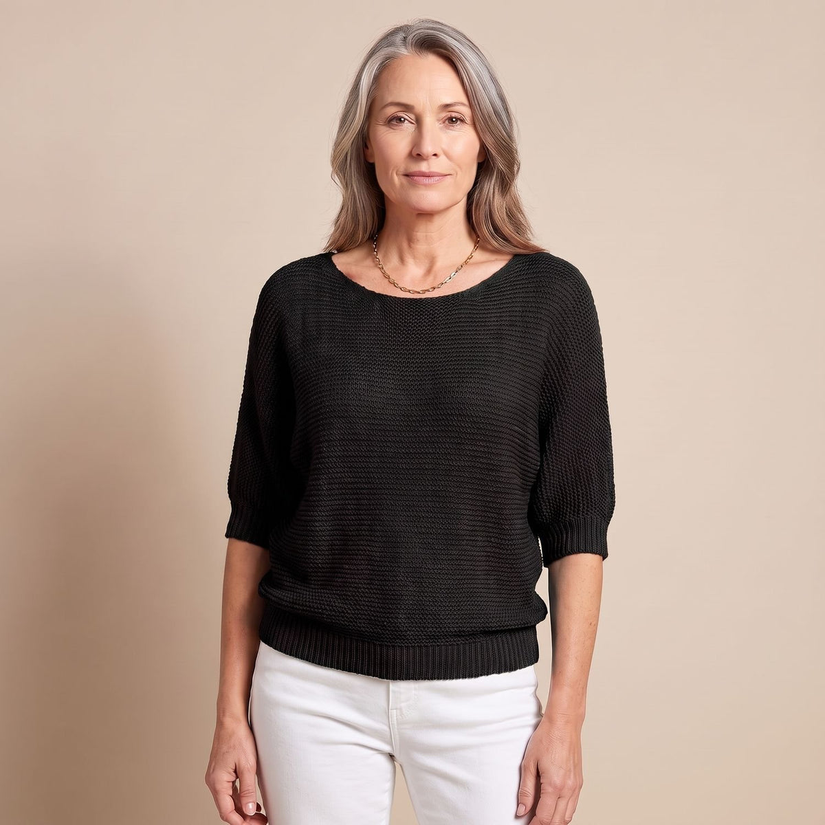 Women's Soft Knit Batwing-Sleeve Round-Neck Pullover Sweater - Black