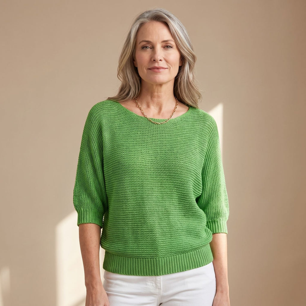 Women's Soft Knit Batwing-Sleeve Round-Neck Pullover Sweater - Green