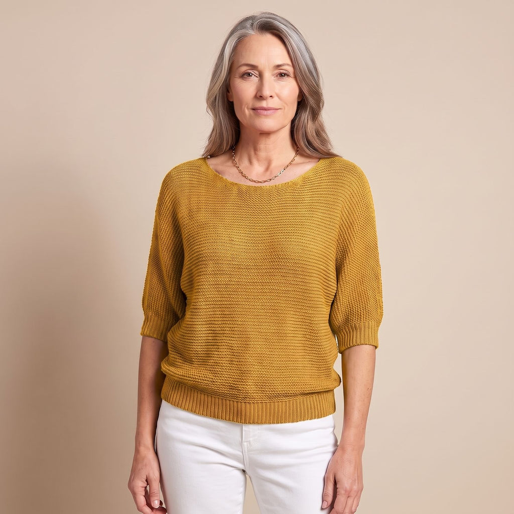 Women's Soft Knit Batwing-Sleeve Round-Neck Pullover Sweater - Yellow
