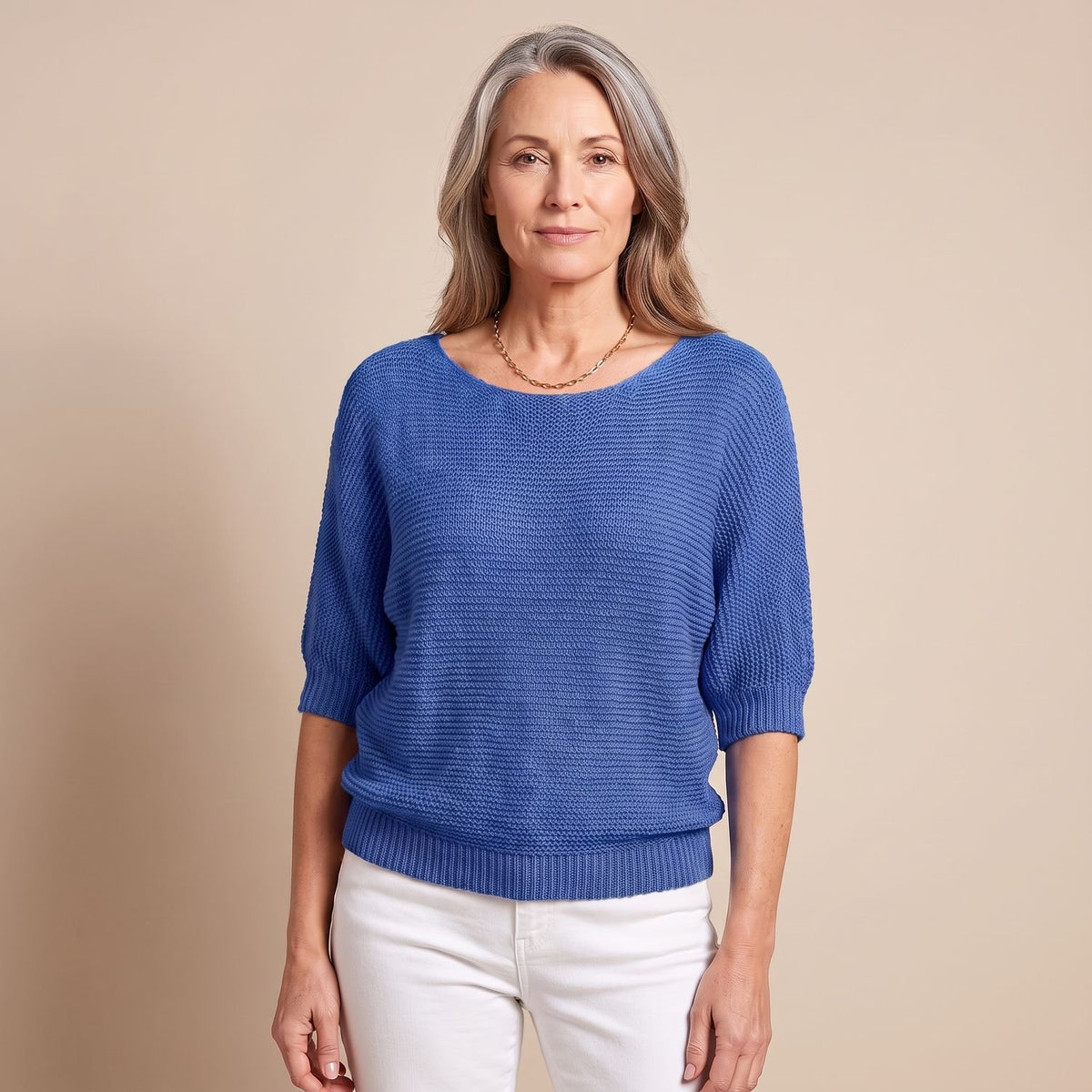 Women's Soft Knit Batwing-Sleeve Round-Neck Pullover Sweater - Blue