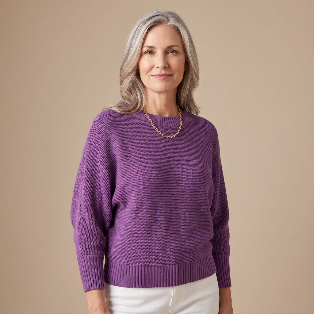 Women's Soft Knit Batwing-Sleeve Round-Neck Pullover Sweater - Purple
