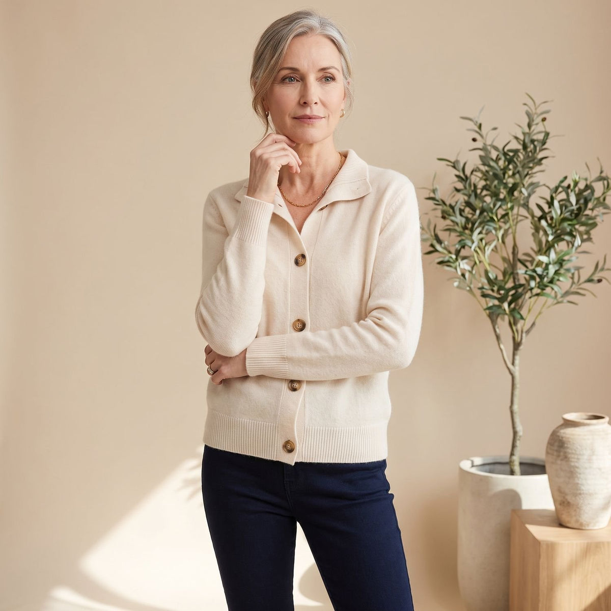 Women's Soft Knit Cardigan Button-Front Collared Sweater