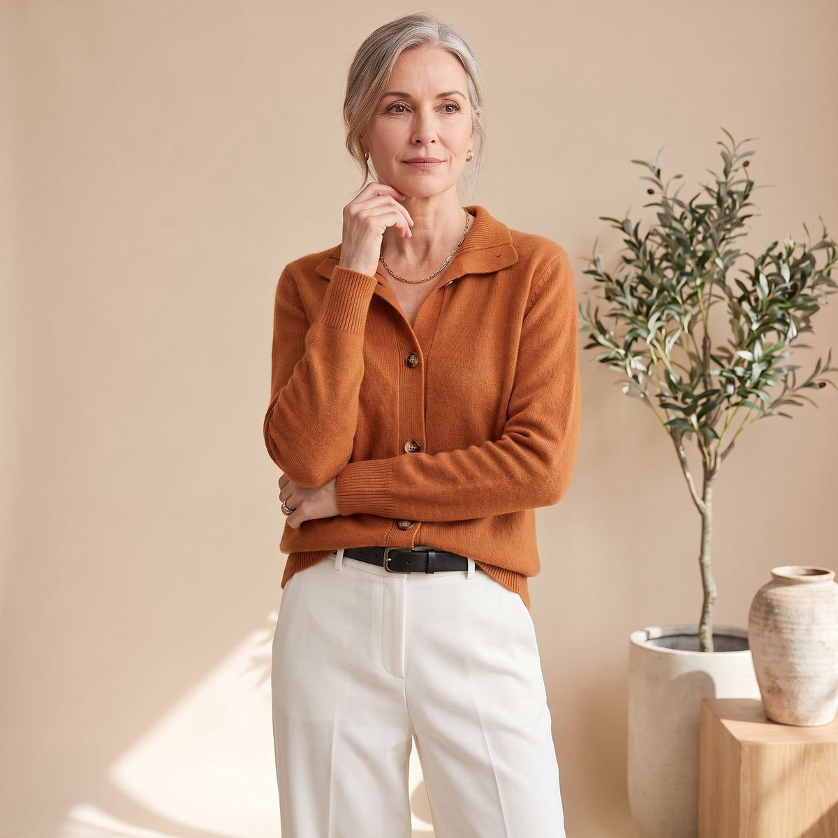 Women's Soft Knit Cardigan Button-Front Collared Sweater