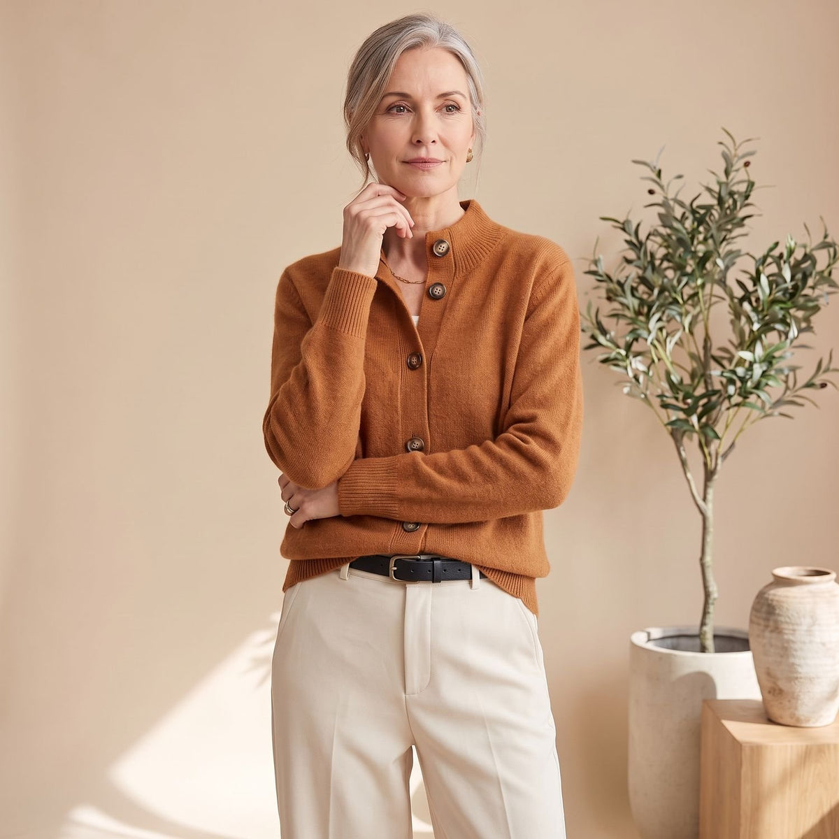 Women's Soft Knit Cardigan Button-Front Collared Sweater - Orange
