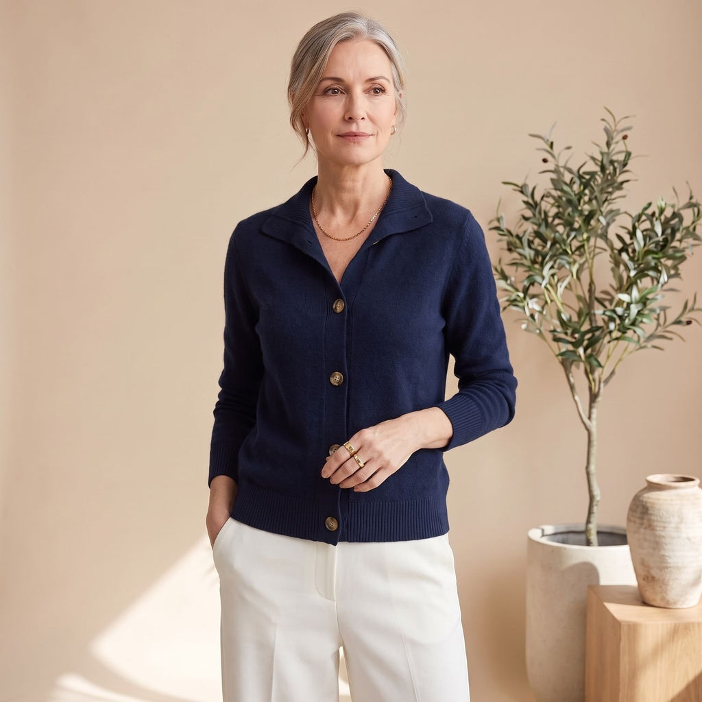 Women's Soft Knit Cardigan Button-Front Collared Sweater - Navy Blue