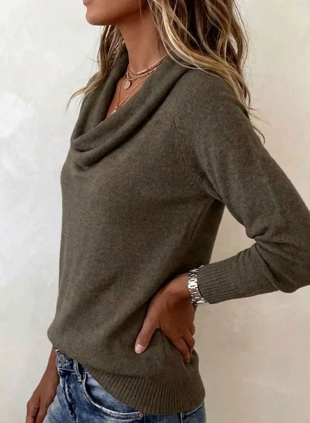 Women's Soft Knit Cowl Neck Long Sleeve Pullover Sweater