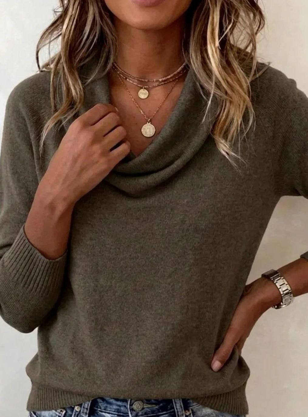 Women's Soft Knit Cowl Neck Long Sleeve Pullover Sweater
