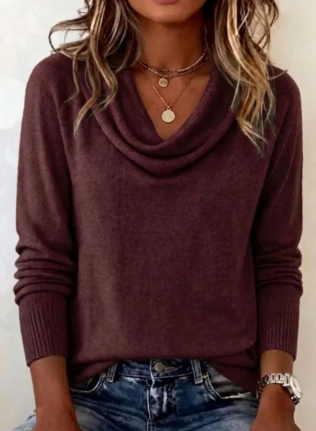 Women's Soft Knit Cowl Neck Long Sleeve Pullover Sweater - Dark Purple