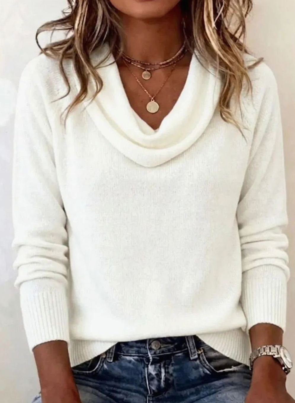 Women's Soft Knit Cowl Neck Long Sleeve Pullover Sweater - White