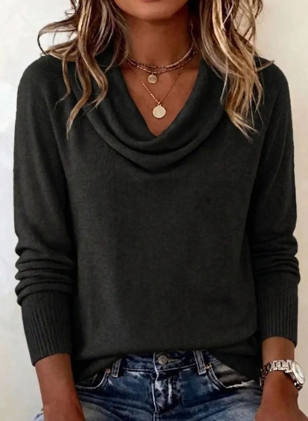 Women's Soft Knit Cowl Neck Long Sleeve Pullover Sweater - Black