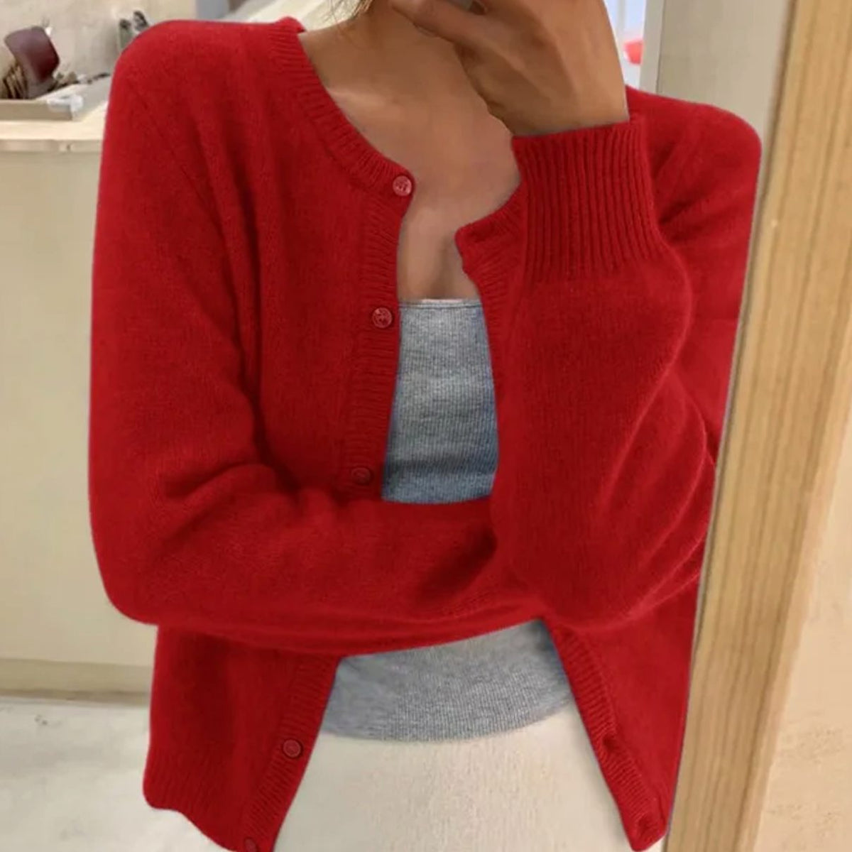 Women's Soft Knit Long Sleeve Button Cardigan Sweater - Red