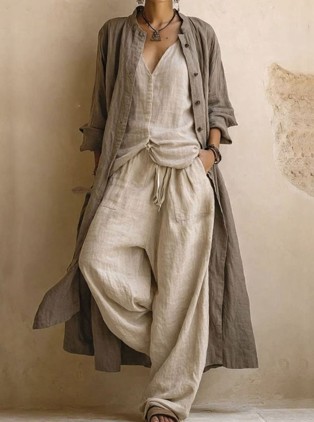 Women's Soft Suit Linen Three-Piece Set Wide-Leg Pants Overcoat - Sand