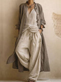Women's Soft Suit Linen Three-Piece Set Wide-Leg Pants Overcoat - Sand