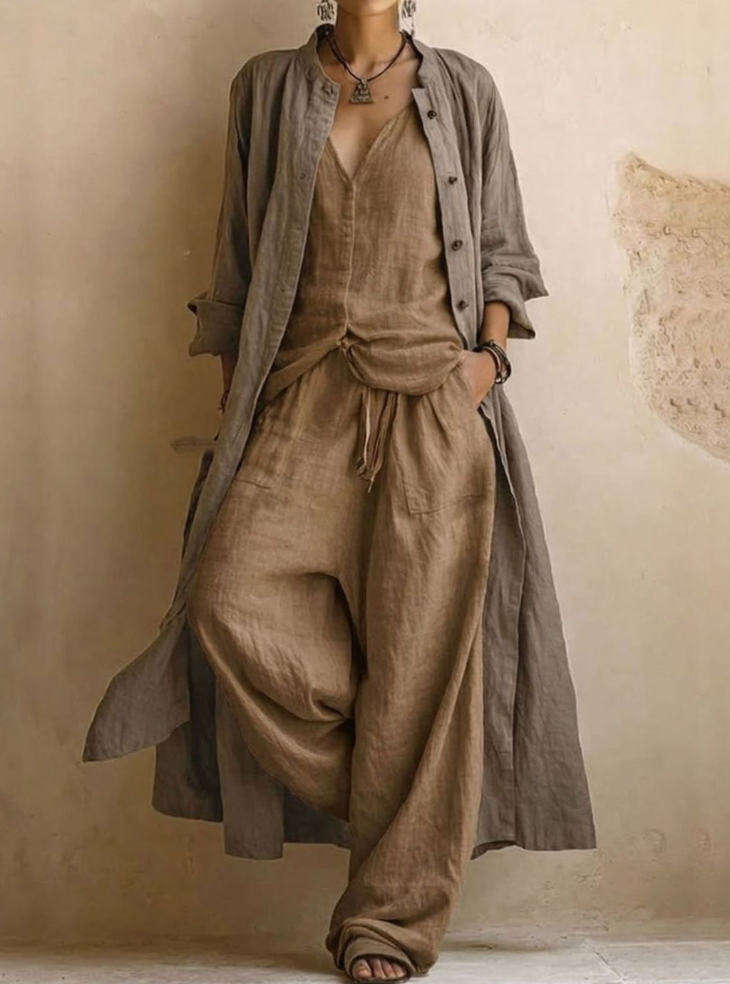Women's Soft Suit Linen Three-Piece Set Wide-Leg Pants Overcoat - Brown