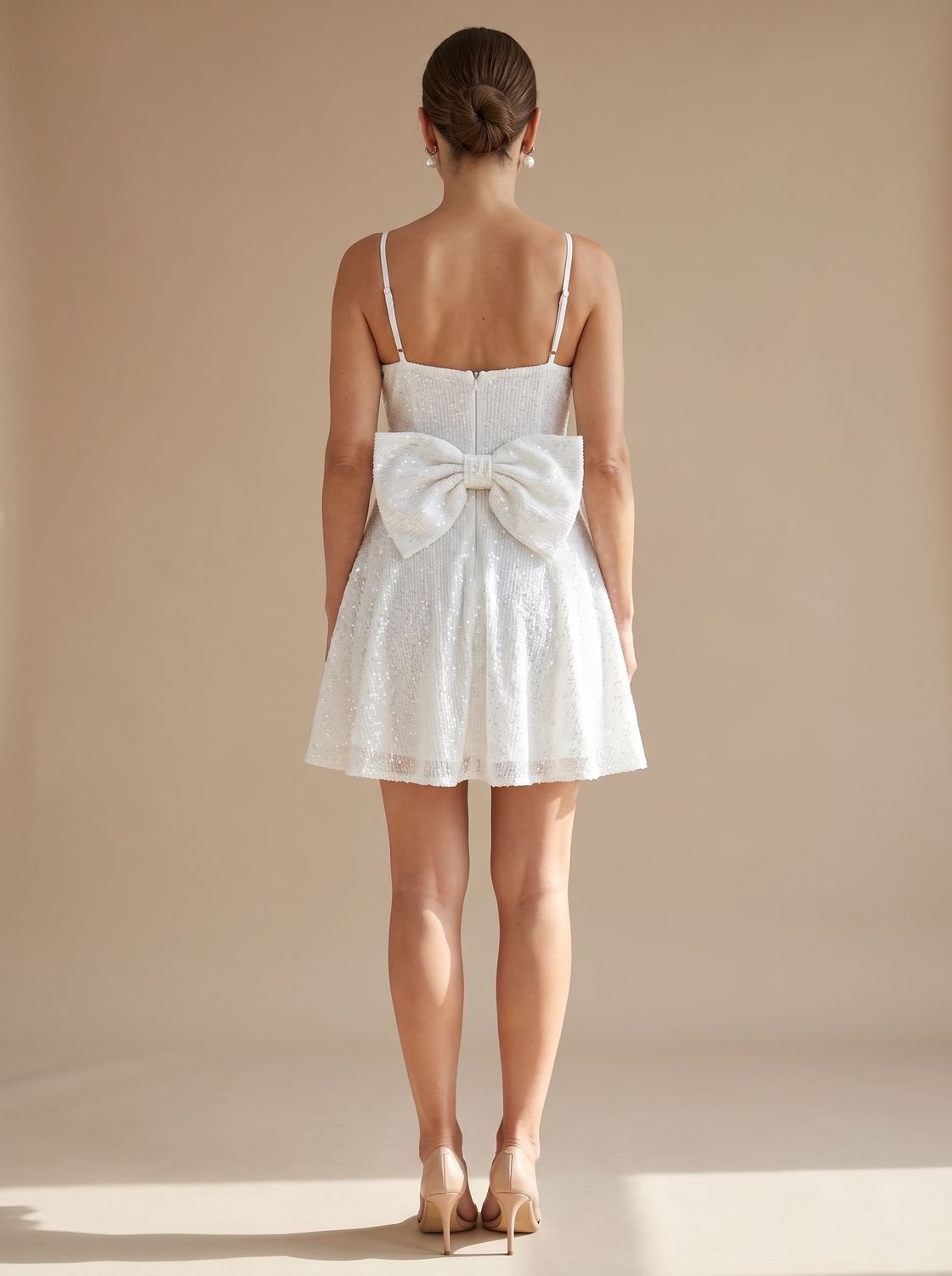 Women's Sparkly Fit-and-Flare Sequin Bow Mini Christmas Party Dress