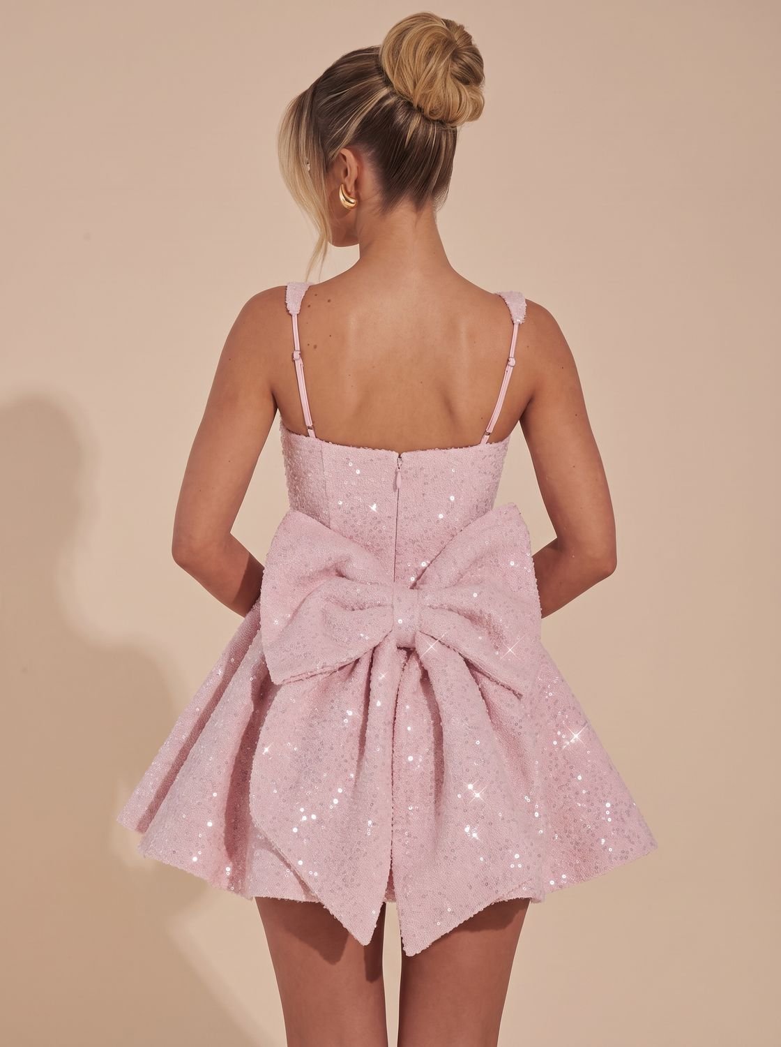 Women's Sparkly Fit-and-Flare Sequin Bow Mini Christmas Party Dress