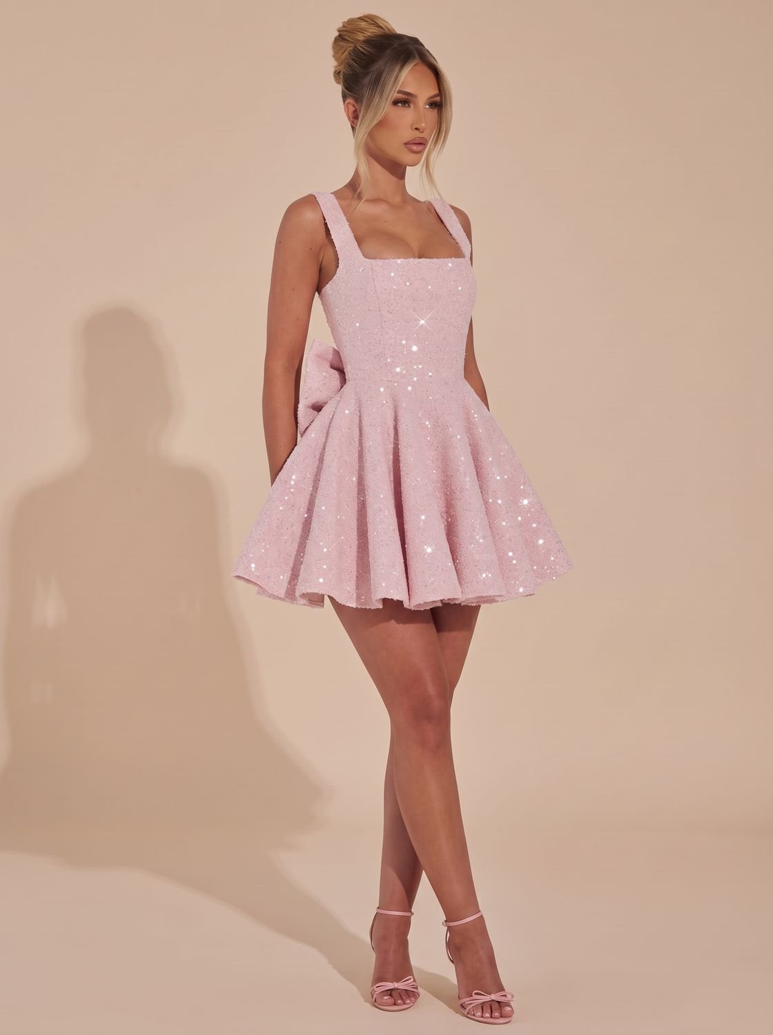 Women's Sparkly Fit-and-Flare Sequin Bow Mini Christmas Party Dress