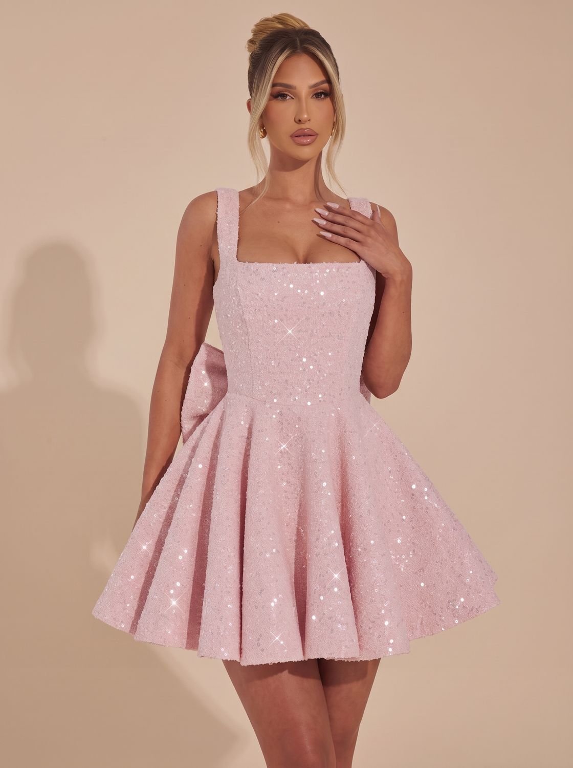 Women's Sparkly Fit-and-Flare Sequin Bow Mini Christmas Party Dress