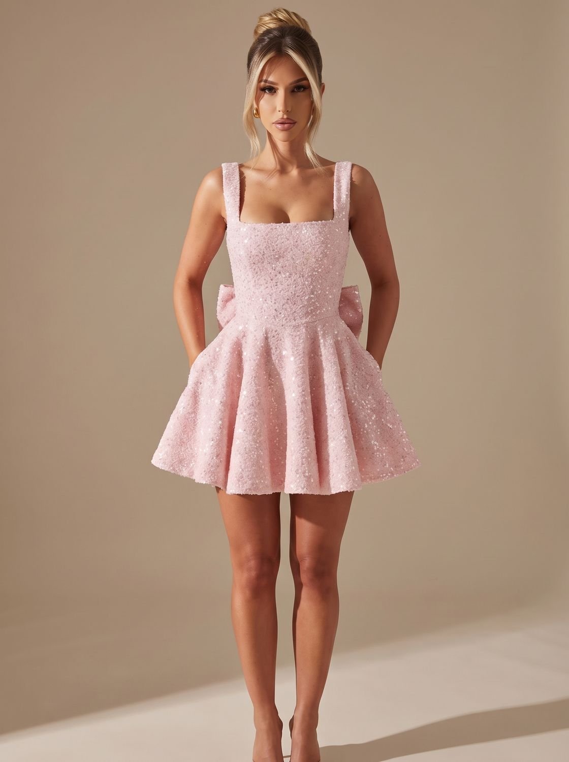 Women's Sparkly Fit-and-Flare Sequin Bow Mini Christmas Party Dress - Pink