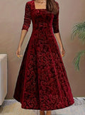 Women's Square Neck Velvet Embossed Floral A-Line Party Dress - Dark Red