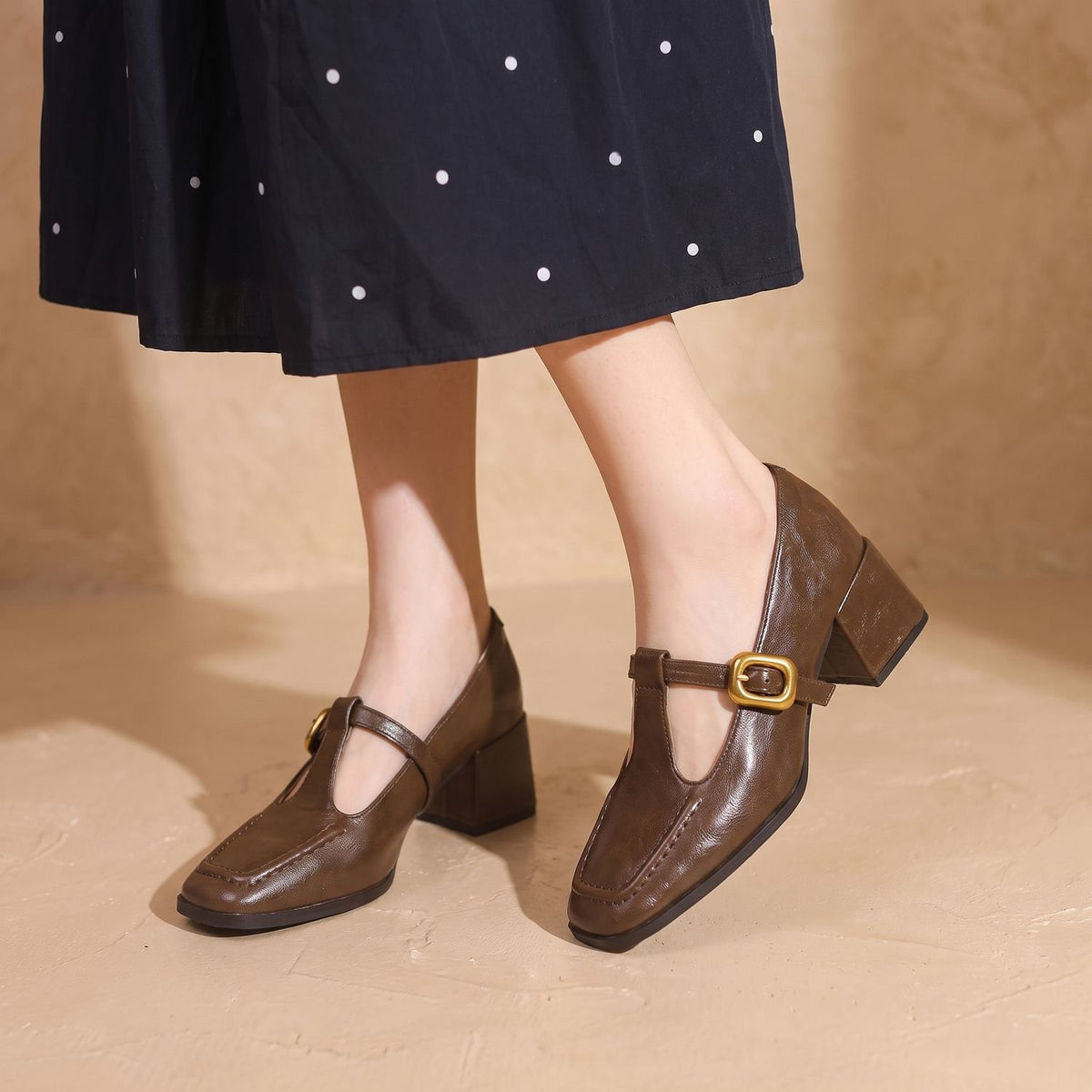 Women's Square-Toe Block-Heel T-Strap Mary Jane Shoes - Brown