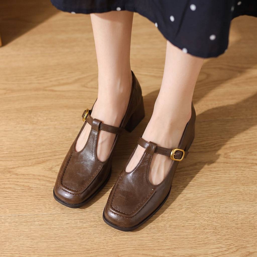 Women's Square-Toe Block-Heel T-Strap Mary Jane Shoes
