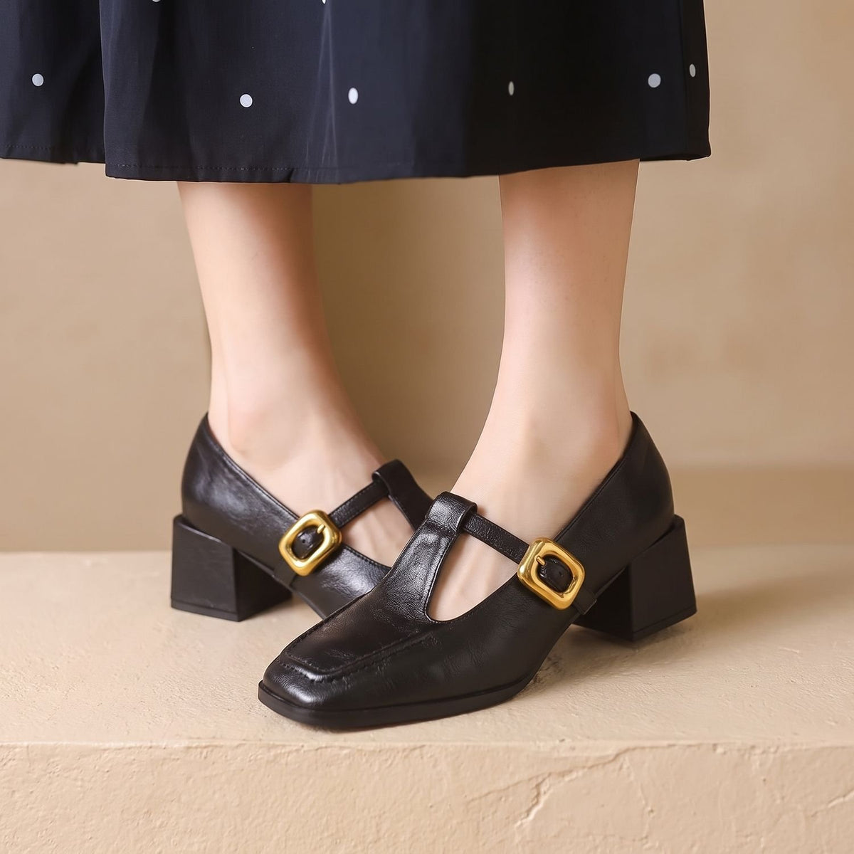 Women's Square-Toe Block-Heel T-Strap Mary Jane Shoes - Black