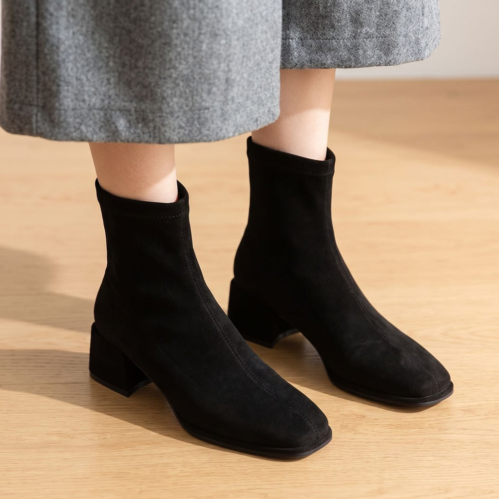 Women's Square-Toe Suede Block-Heel Ankle Boots - Black