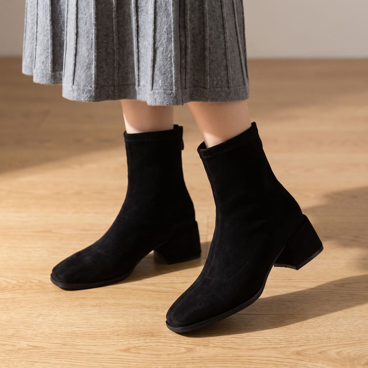 Women's Square-Toe Suede Block-Heel Ankle Boots